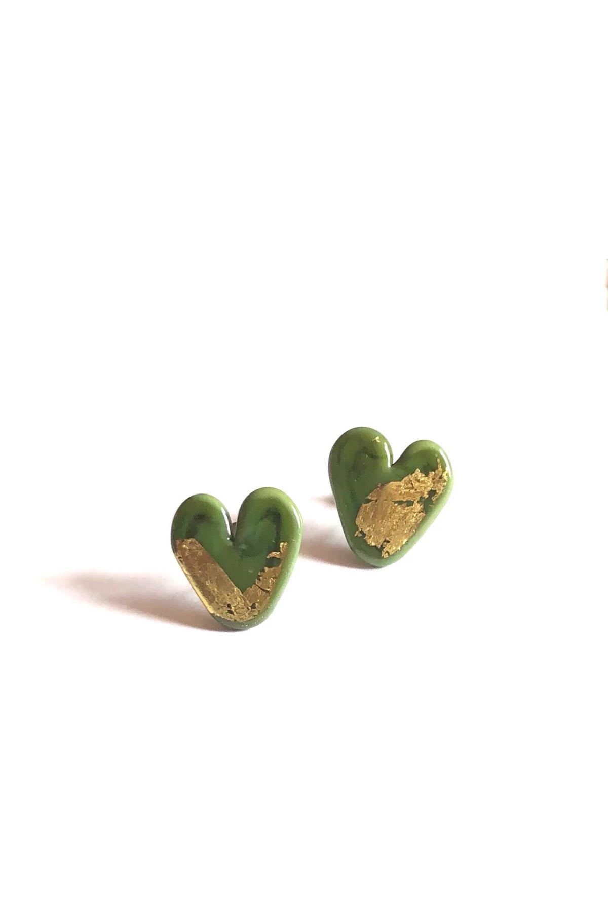 Helen Chalmers Olive Gold Handmade Glass Heart Stud Earrings