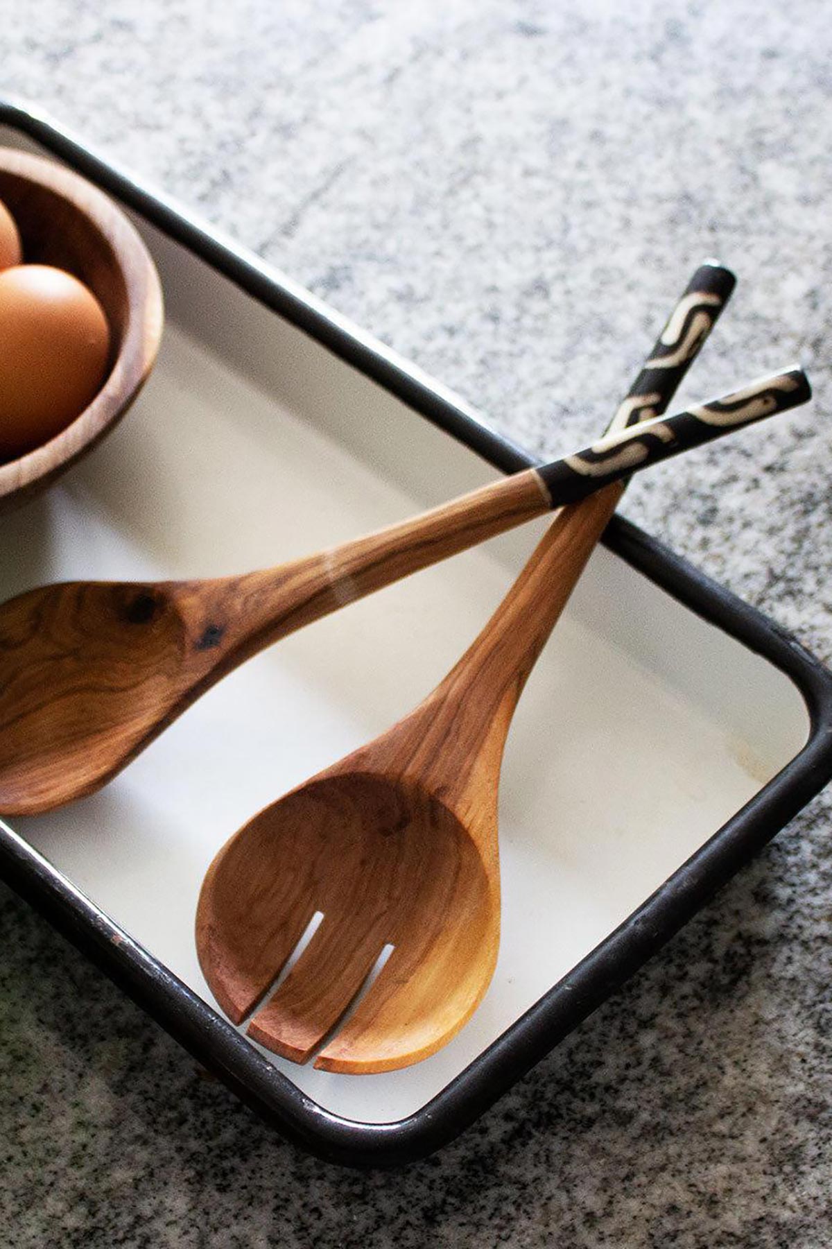 Aarven Olive Wood Batik Black and White Salad Servers