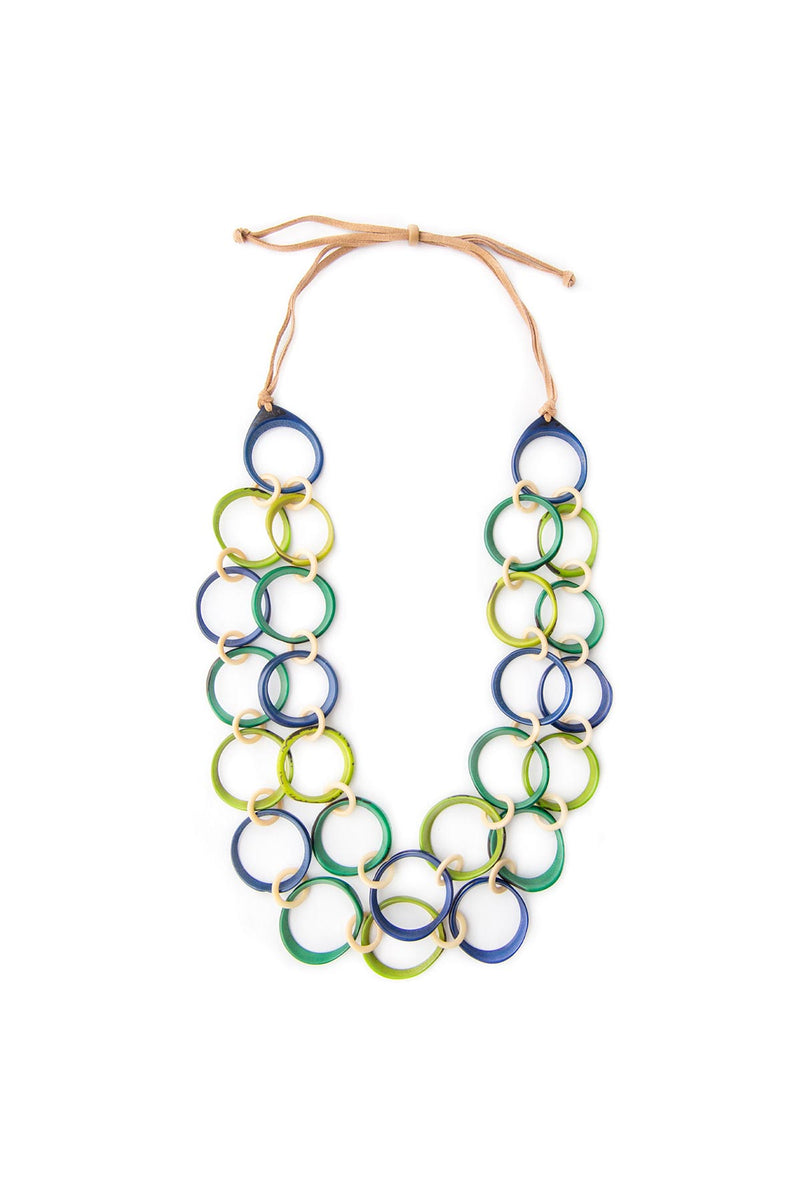 Organic Tagua Ring of Life Necklace - Lime & Blue Tones