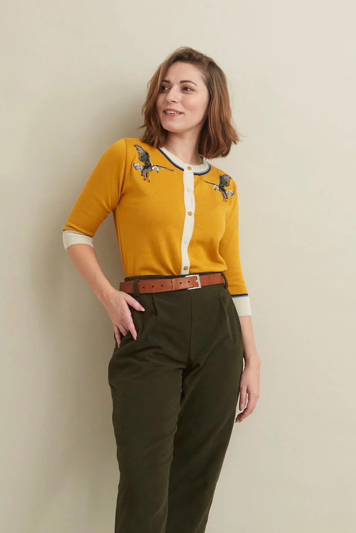 Palava Vera Mustard Eagles Embroidered Cardigan