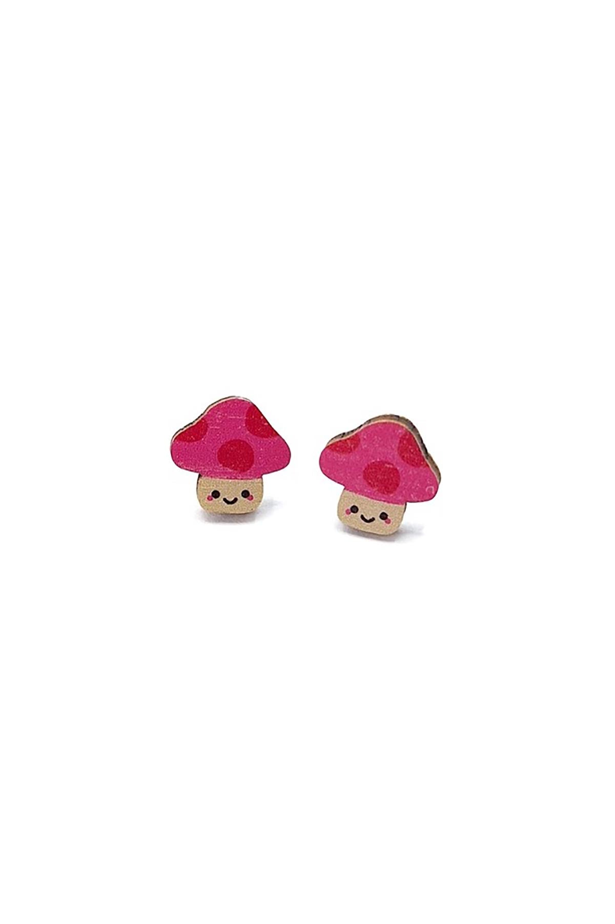 Prickle People Pink Mushroom Wooden Stud Earrings