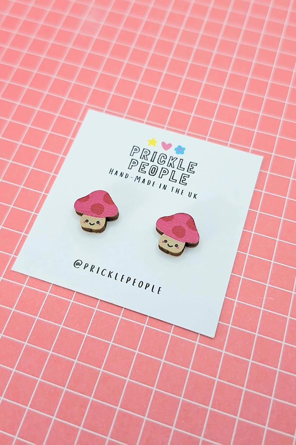 Prickle People Pink Mushroom Wooden Stud Earrings