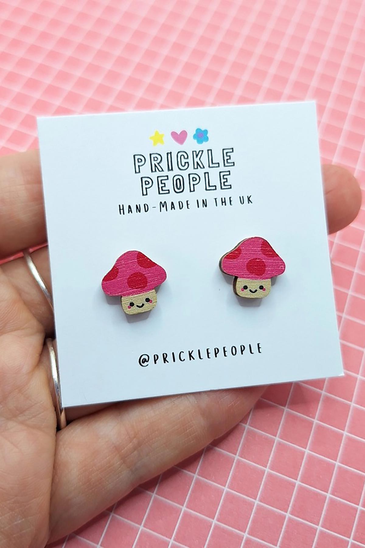 Prickle People Pink Mushroom Wooden Stud Earrings