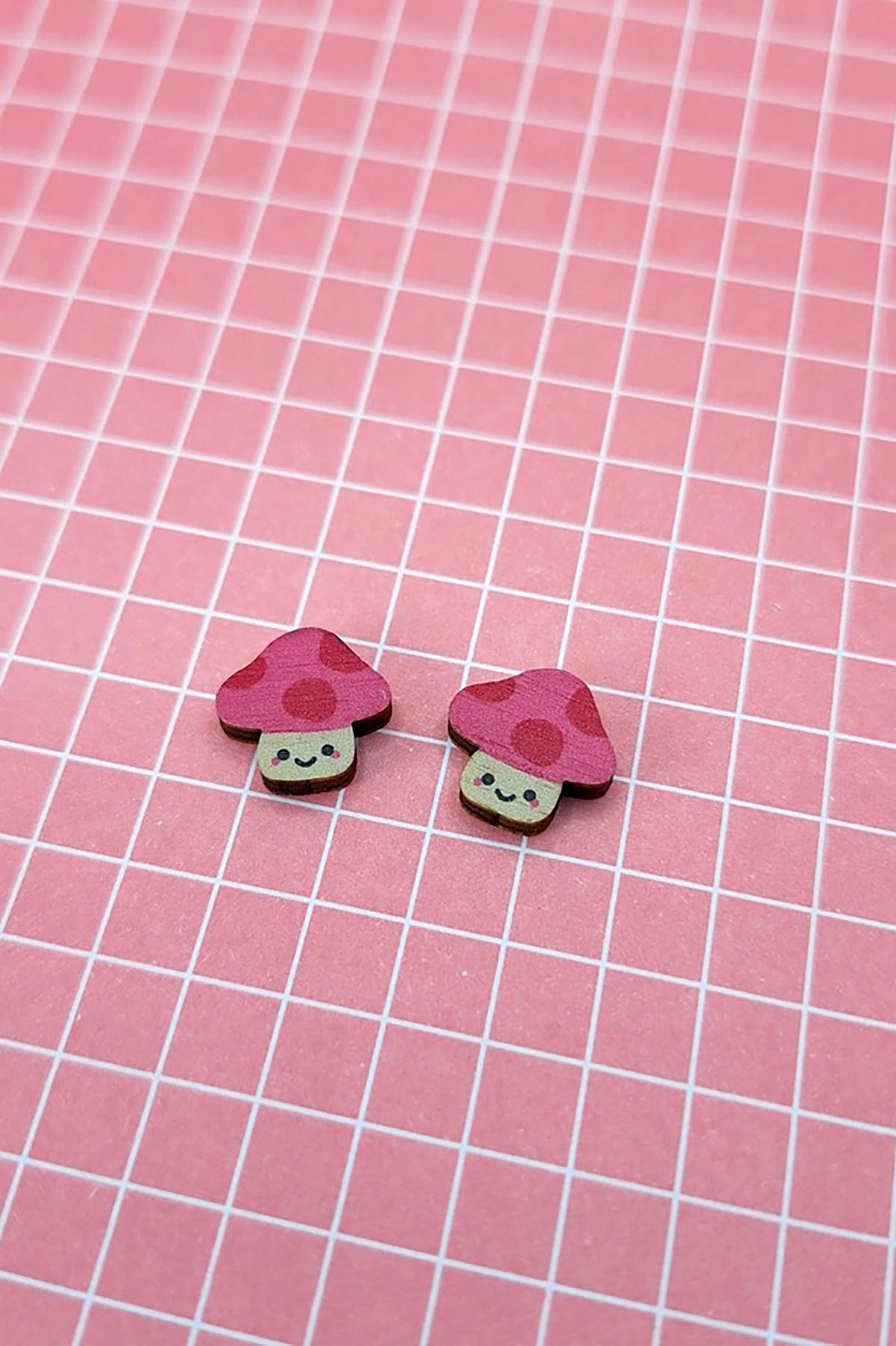 Prickle People Pink Mushroom Wooden Stud Earrings