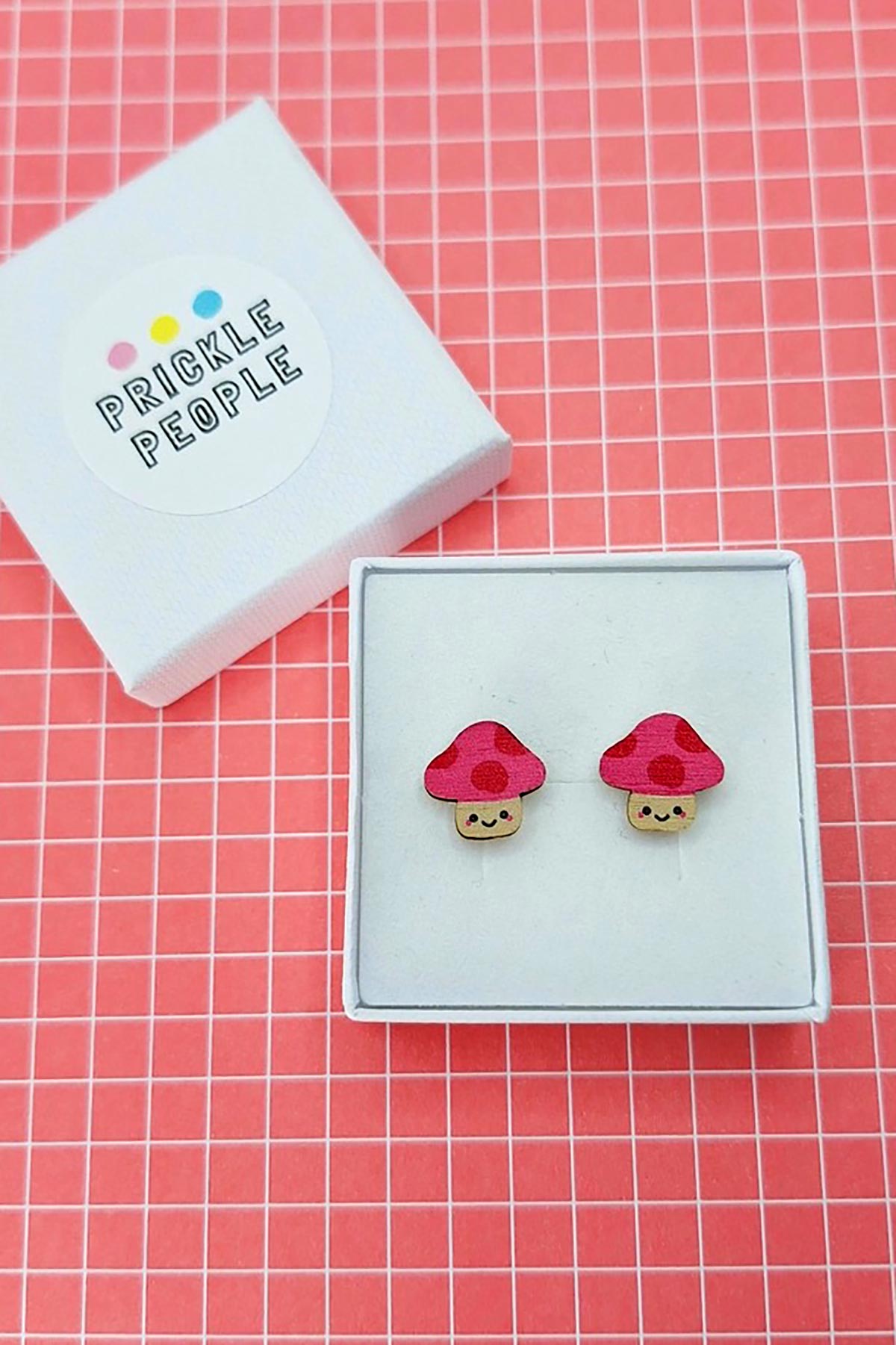 Prickle People Pink Mushroom Wooden Stud Earrings