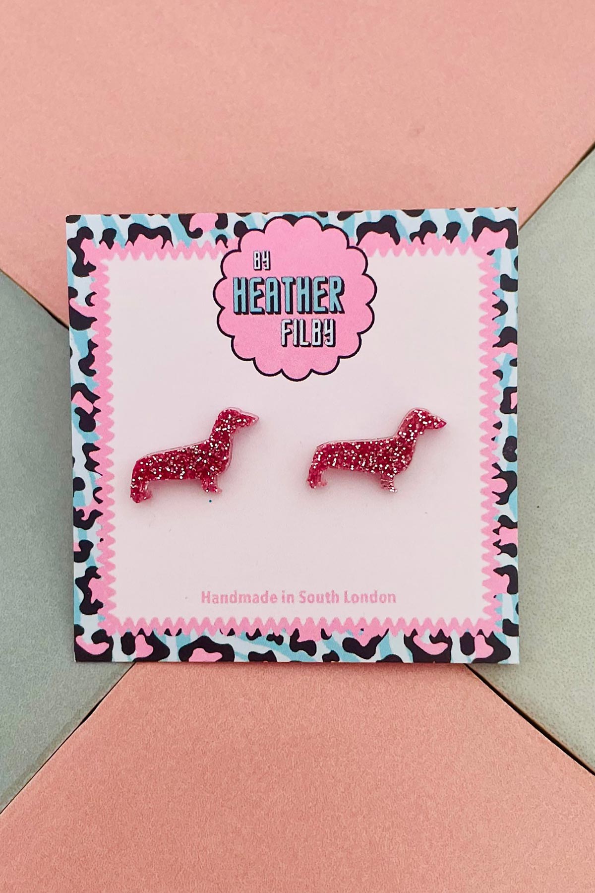 By Heather Filby Pink Sausage Dog Glitter Stud Earrings