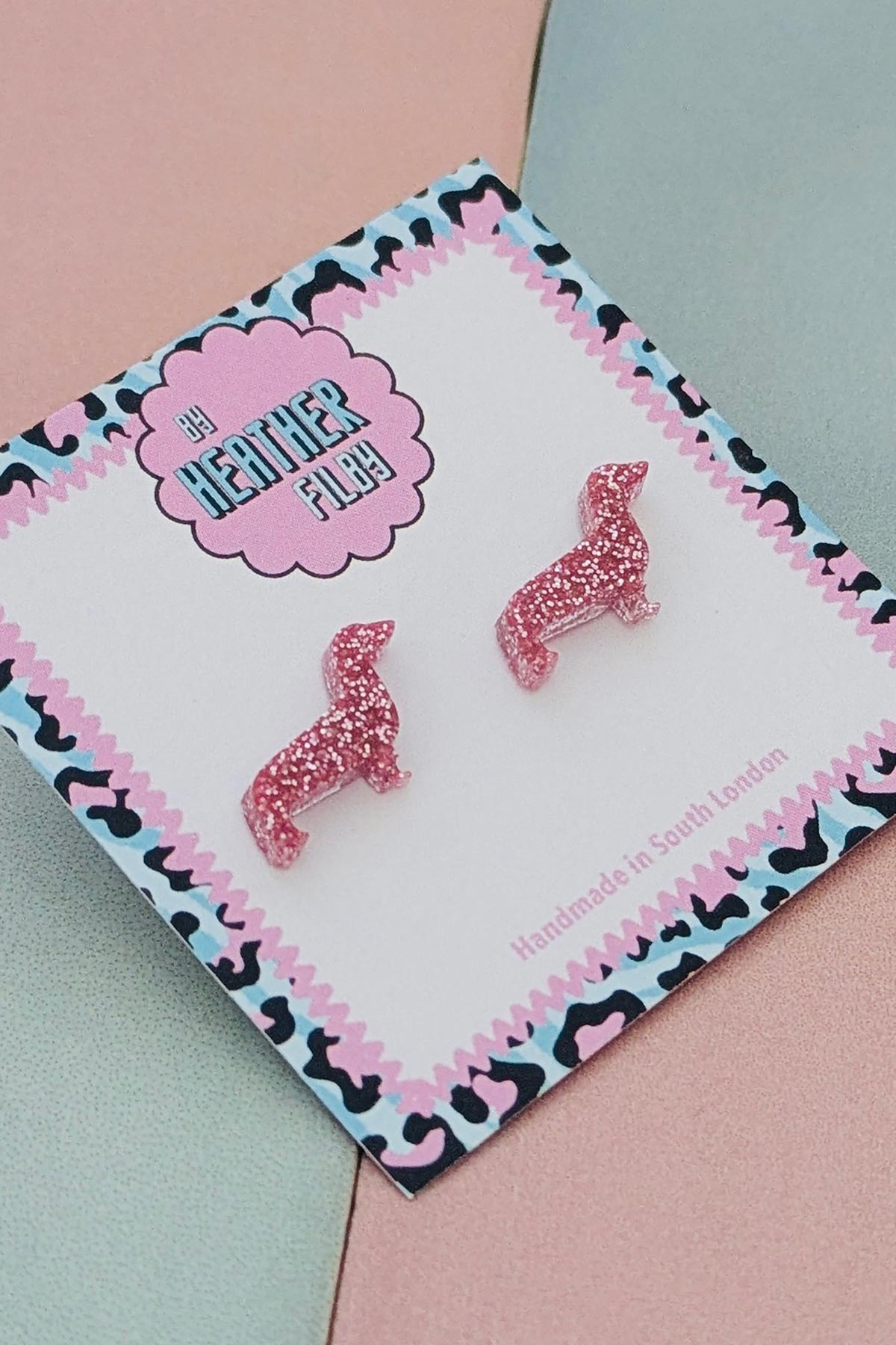 By Heather Filby Pink Sausage Dog Glitter Stud Earrings