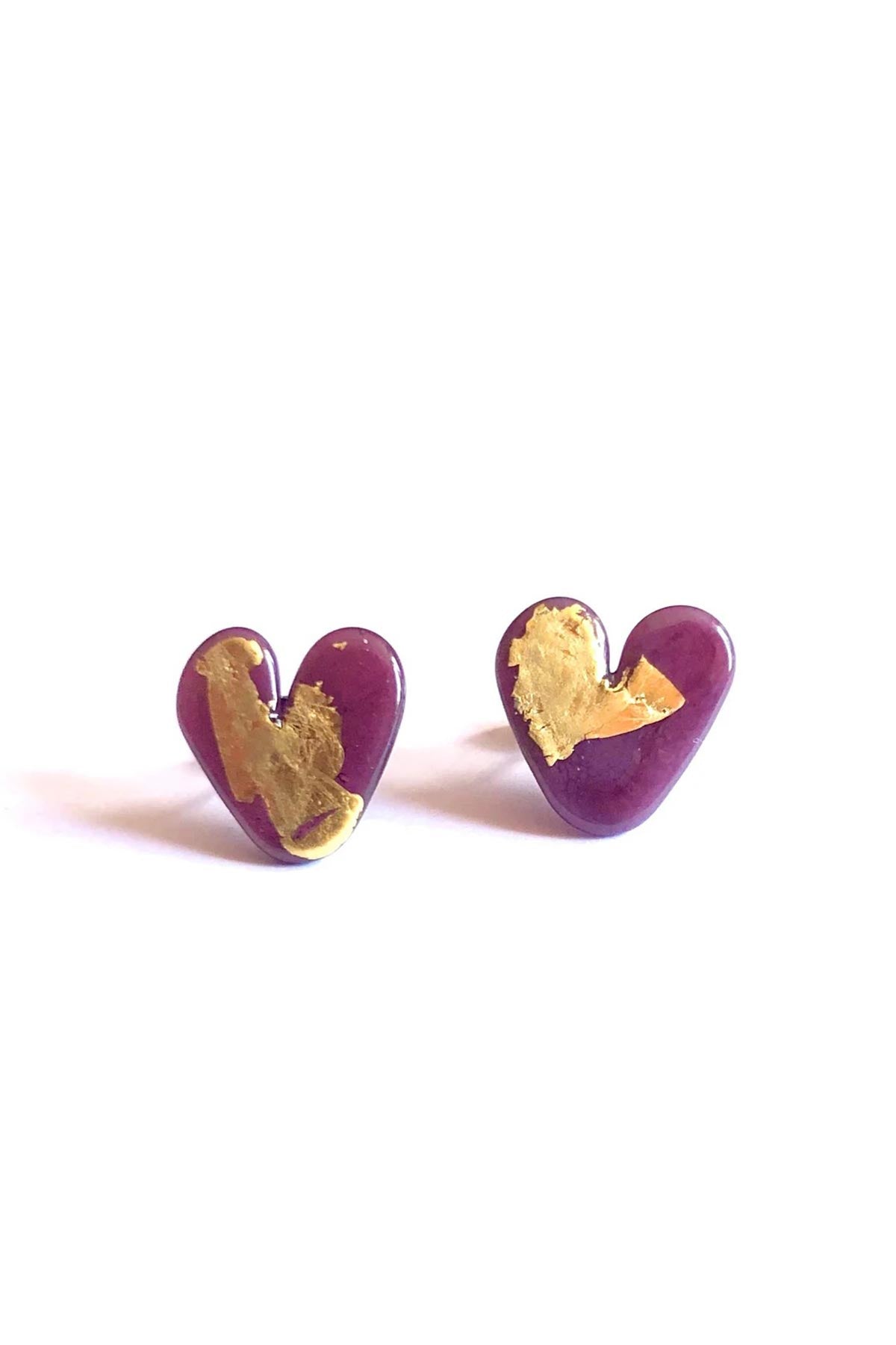 Helen Chalmers Plum Gold Handmade Glass Heart Stud Earrings