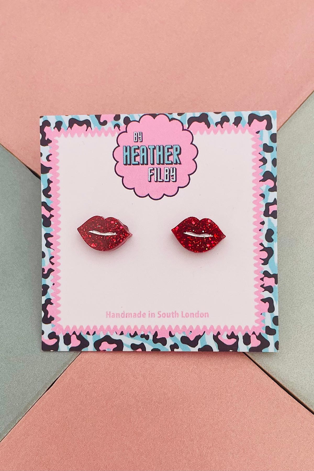 By Heather Filby Red Lips Glitter Stud Earrings