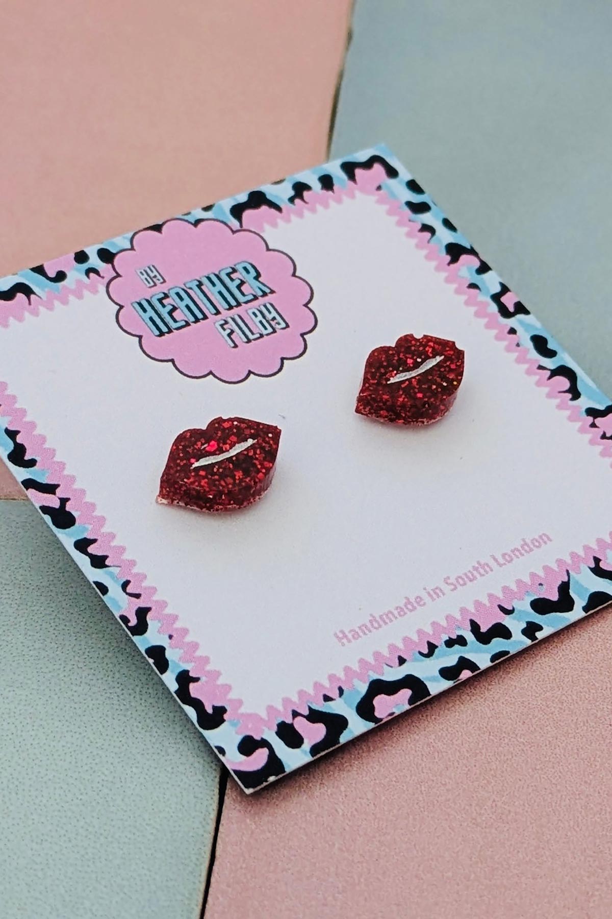 By Heather Filby Red Lips Glitter Stud Earrings