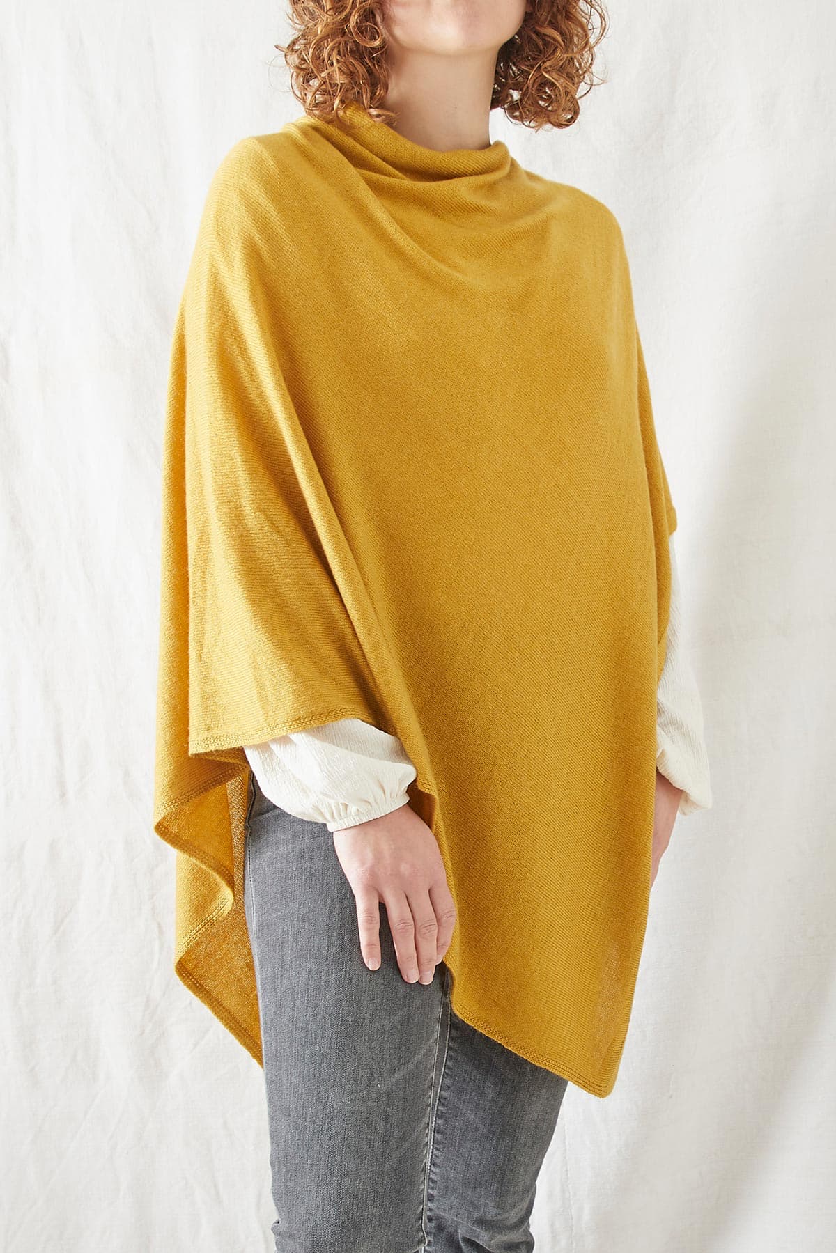 Aura Que Risi Luxury Soft Fine Knit Merino Cowl Poncho In Mustard Yellow