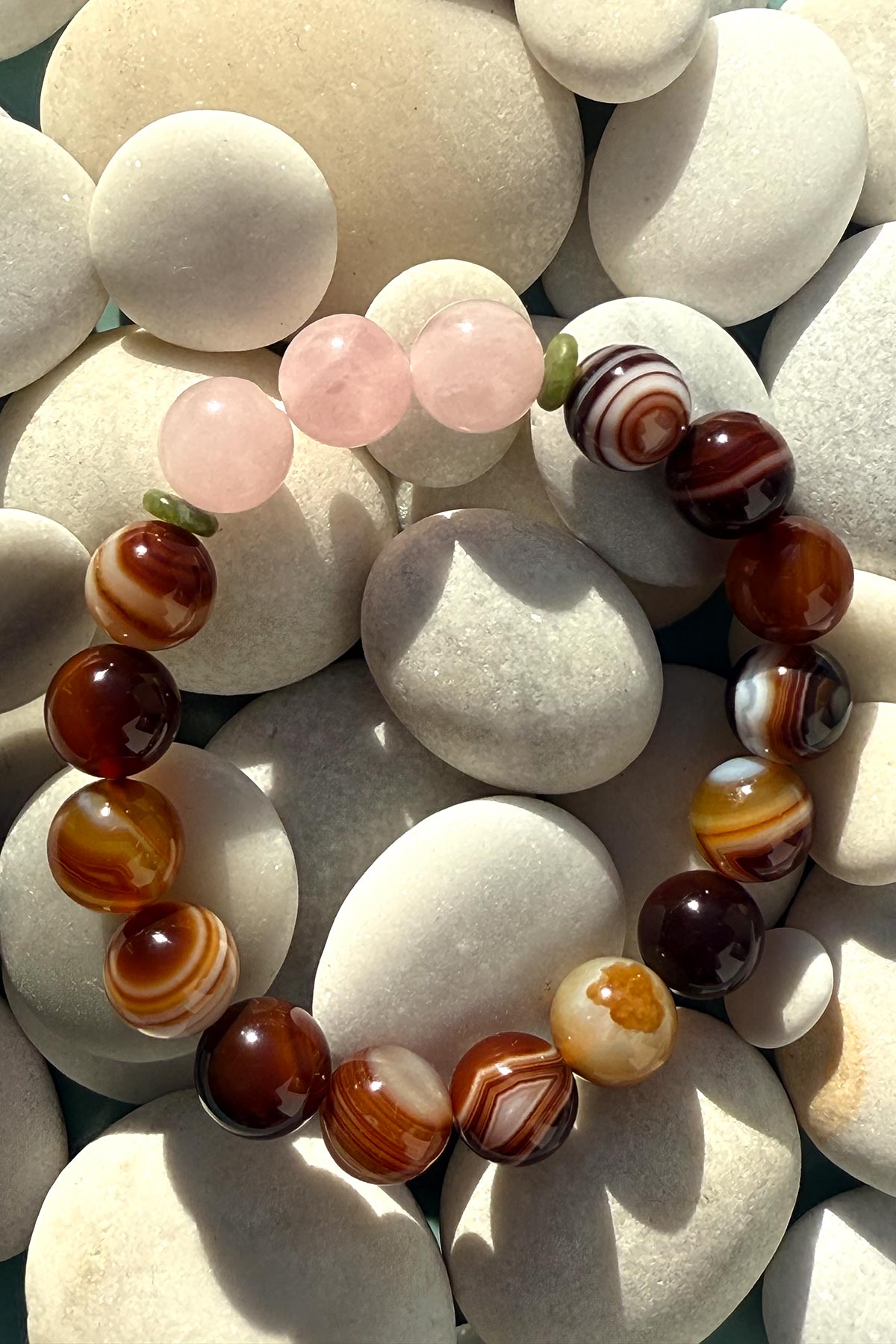 Rumi Bracelet In Brazilian Agate & Madagascar Rose Quartz With Green Jade