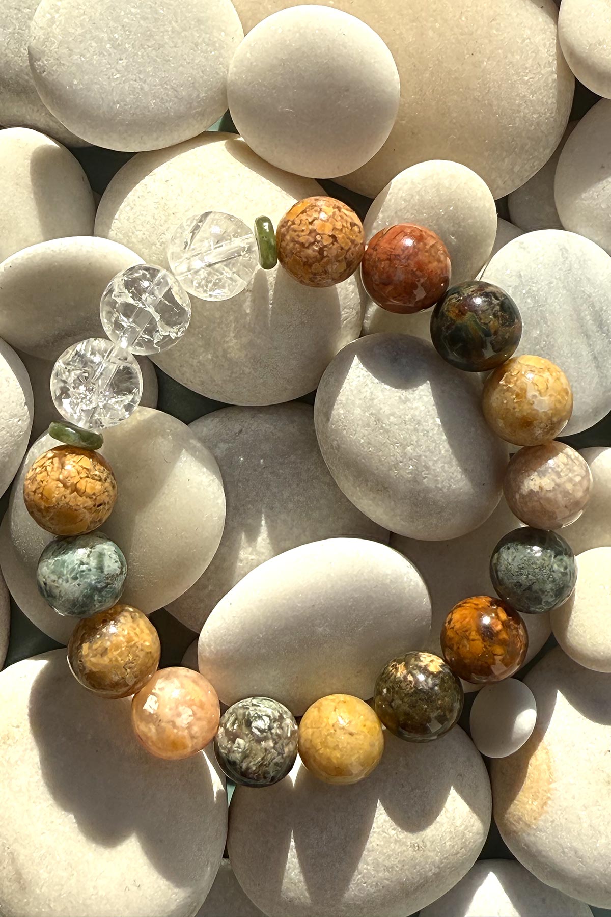 Rumi Bracelet In Ocean Agate & Crystal Quartz With Green Jade