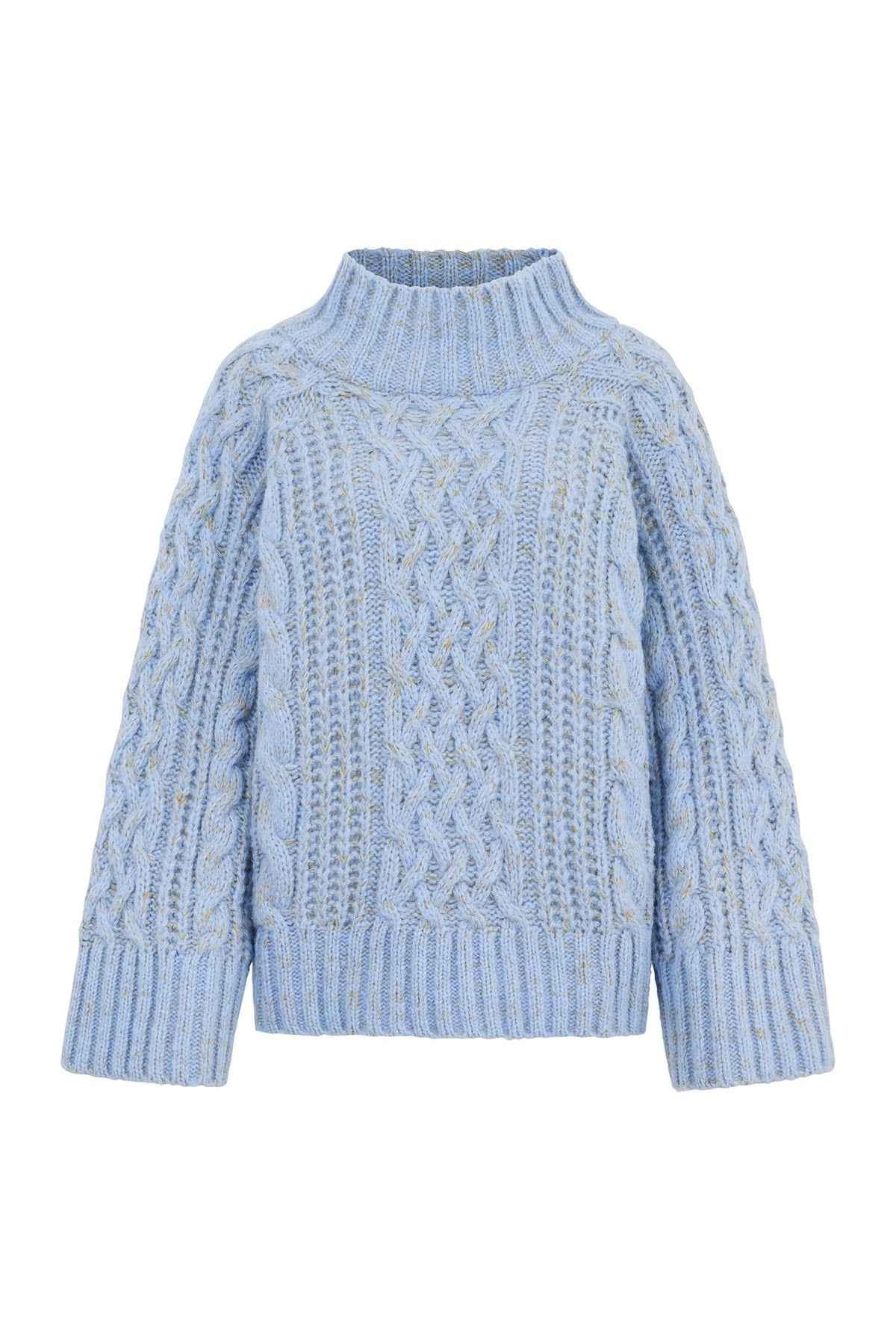 Cara & The Sky Sarah High Neck Cable Wide Sleeve Jumper In Blue