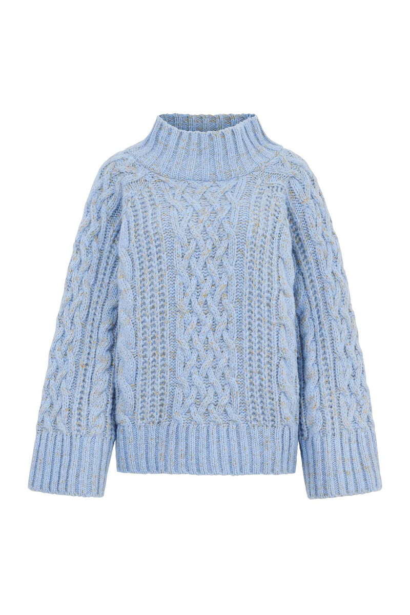 Cara & The Sky Sarah High Neck Cable Wide Sleeve Jumper In Blue