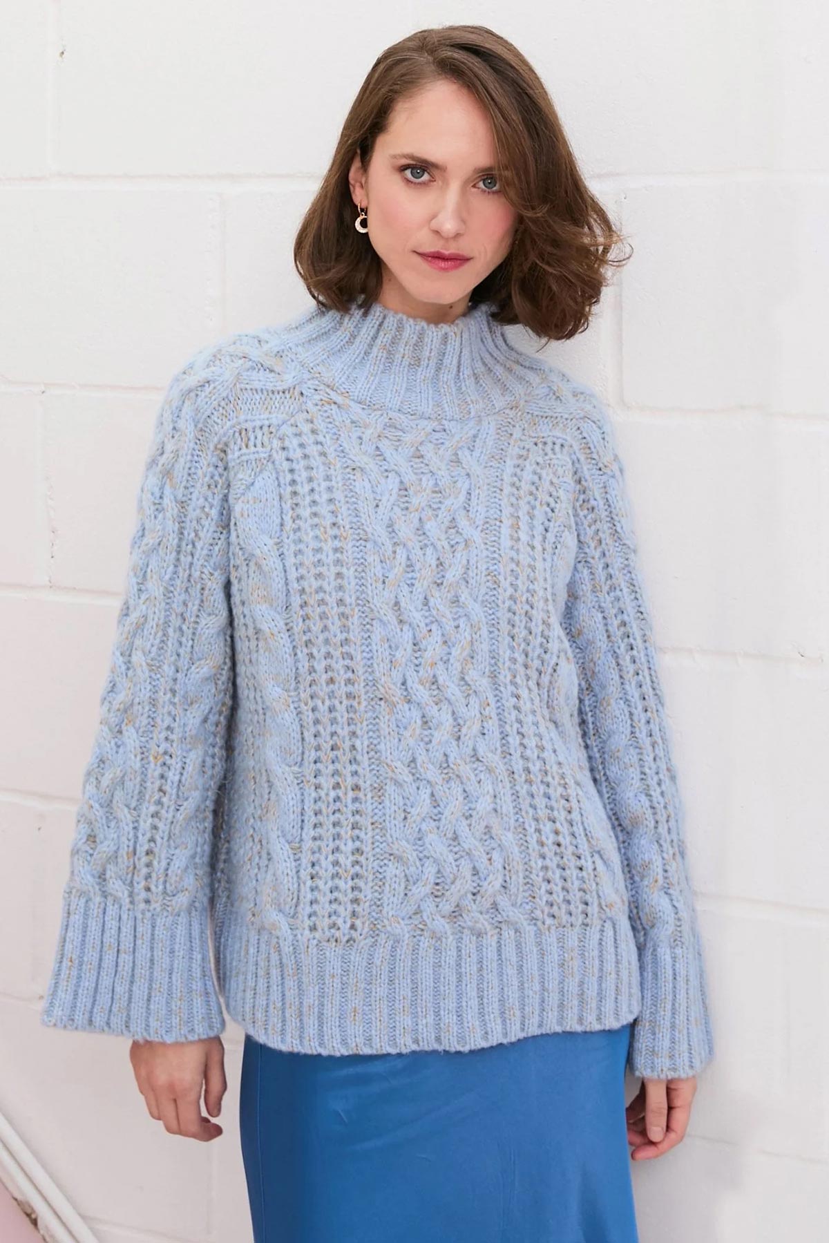 Cara & The Sky Sarah High Neck Cable Wide Sleeve Jumper In Blue