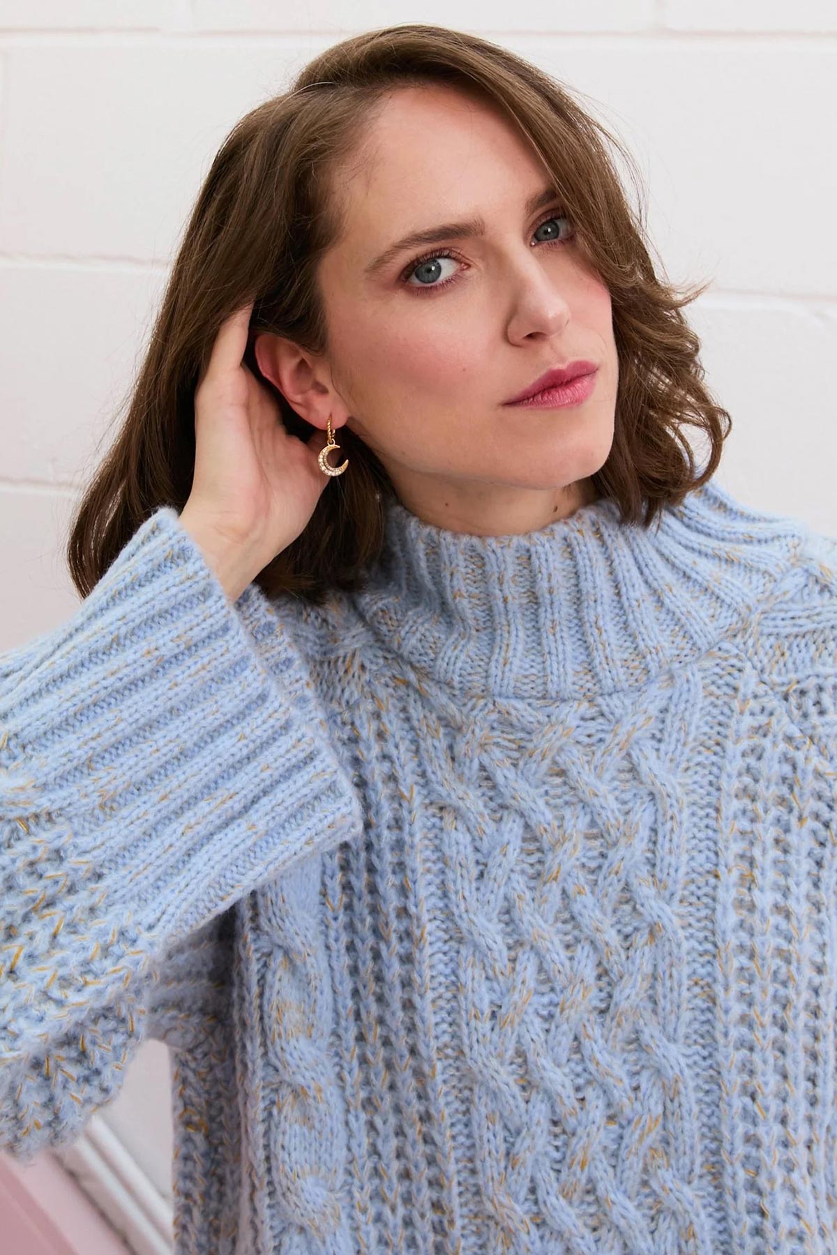 Cara & The Sky Sarah High Neck Cable Wide Sleeve Jumper In Blue