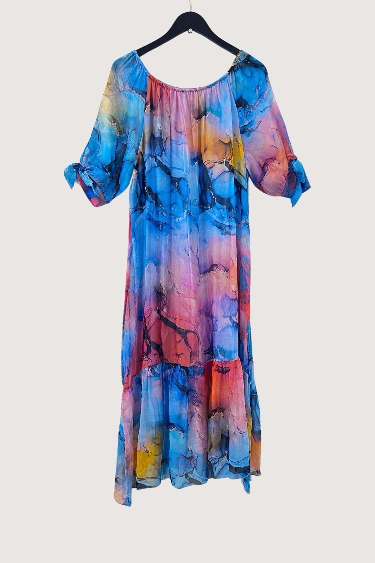 Mia Strada London Silk Bardot Maxi Dress In Blue