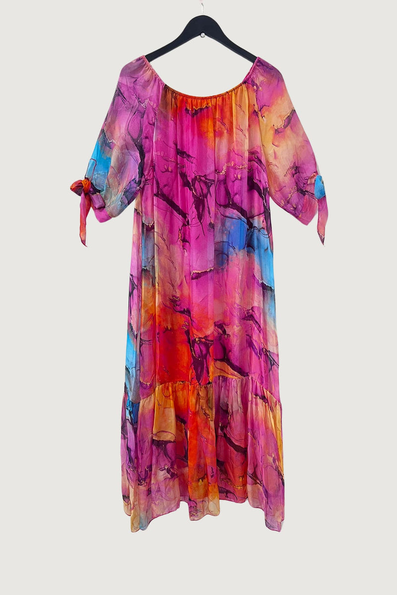 Mia Strada London Silk Bardot Maxi Dress In Fuchsia