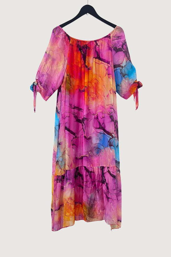 Mia Strada London Silk Bardot Maxi Dress In Fuchsia