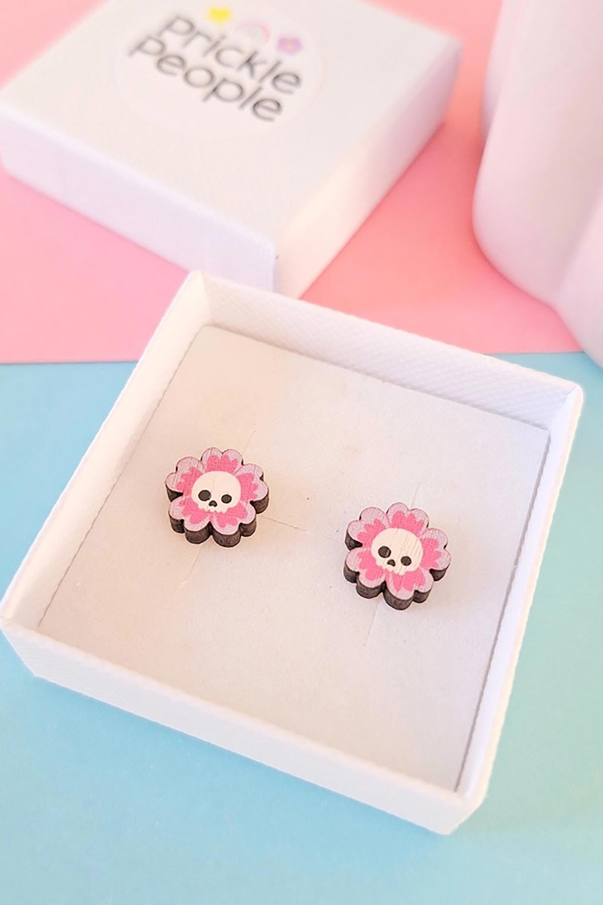 Prickle People Skull Flower Wooden Stud Earrings