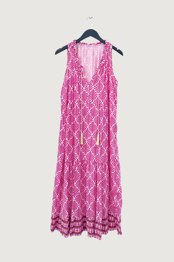 Mia Strada Sleeveless Leaf Print Maxi Dress in Hot Pink