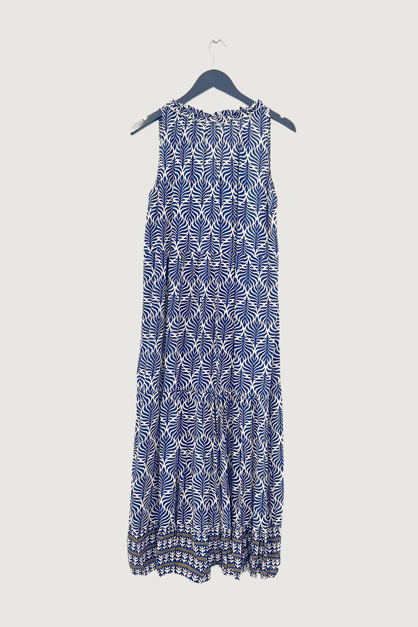 Mia Strada Sleeveless Leaf Print Maxi Dress in Navy Blue