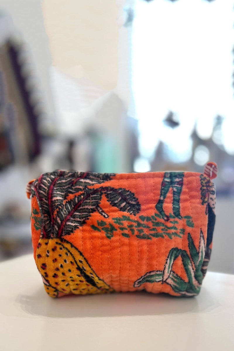 Conscious Yoga Collective Small Velvet Make Up Bag In Jungle Orange