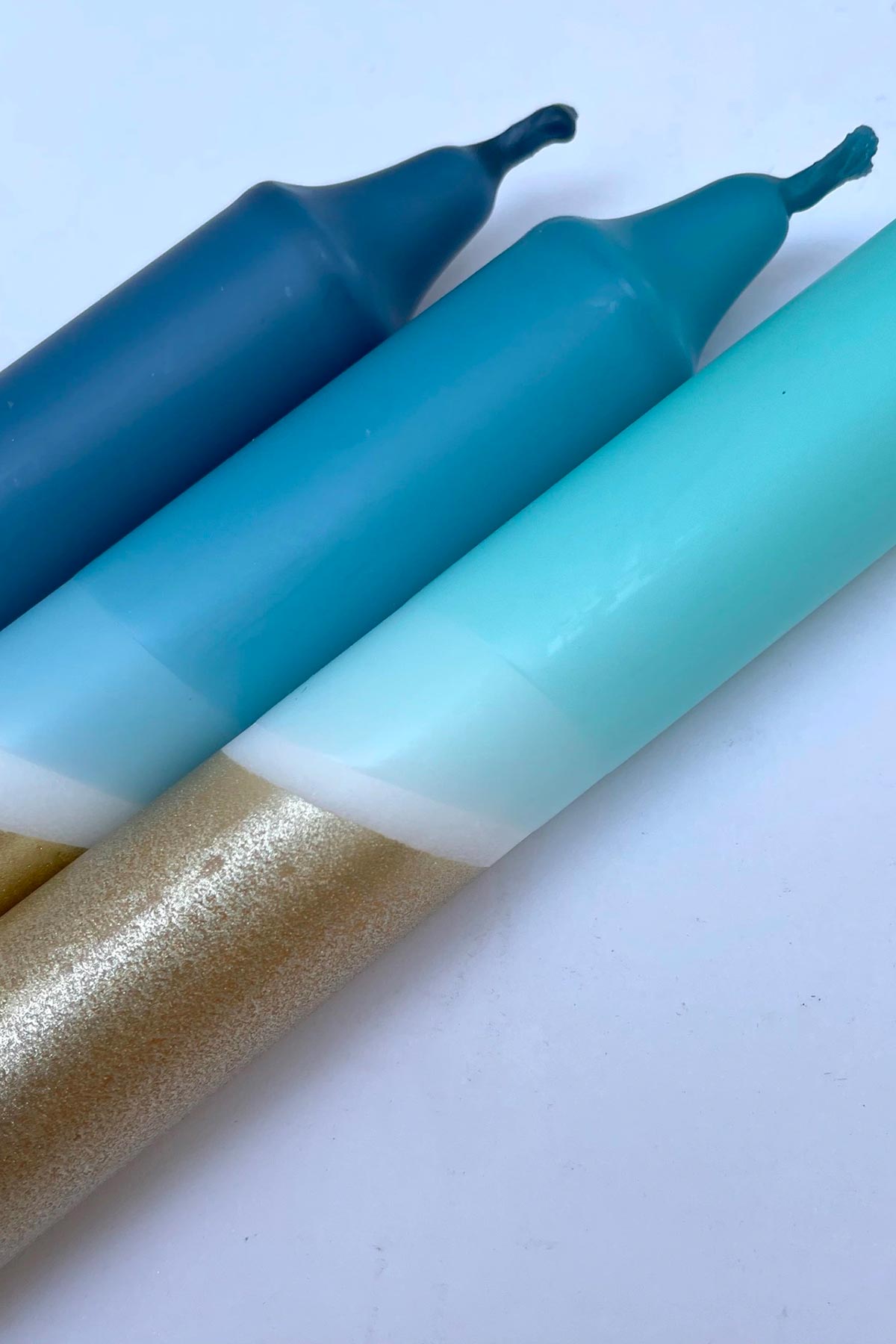 The Singing Rabbit Teal, Hawaiian Blue, Turquoise & Gold Dip Dyed Dinner Candles Set Of 3