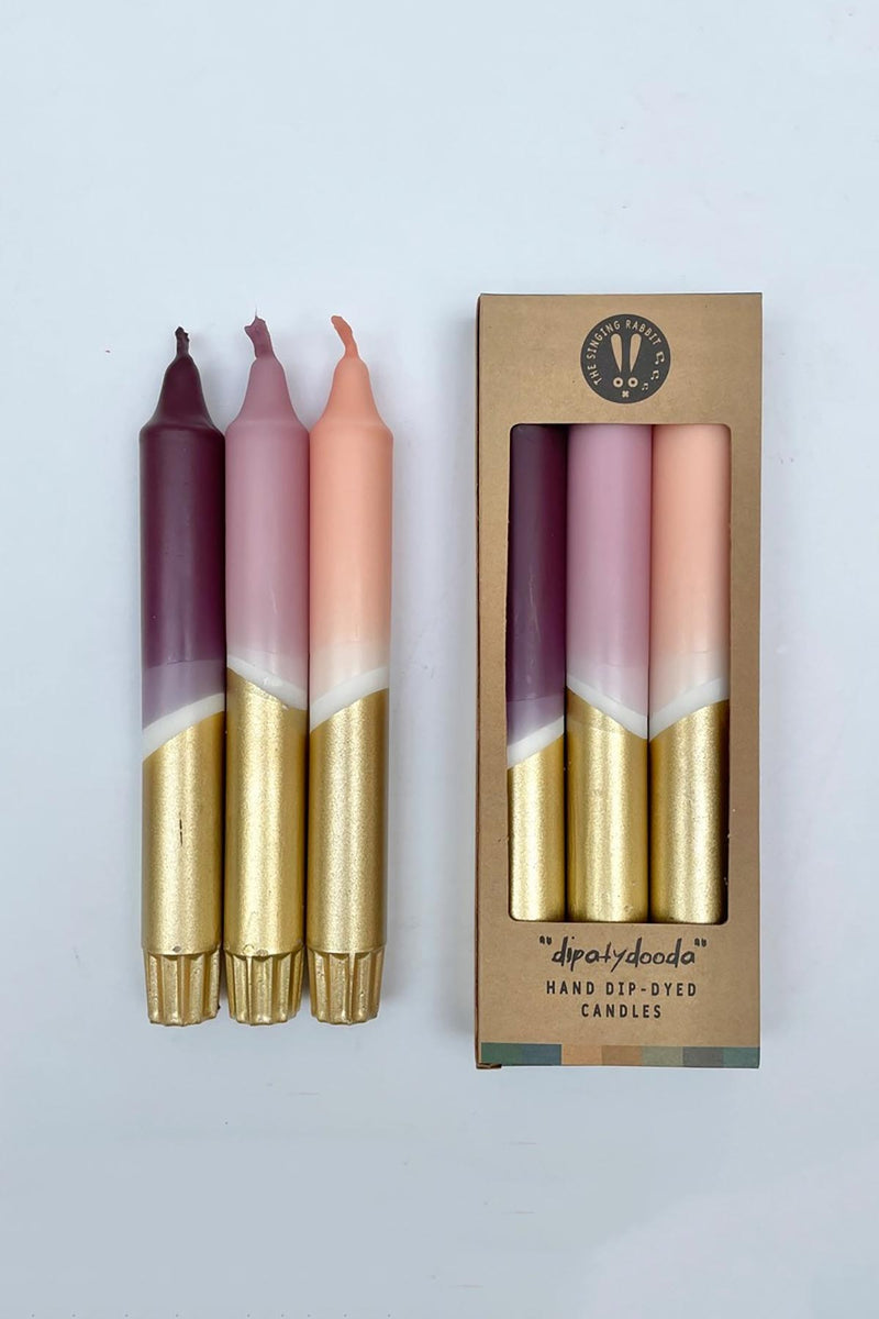 The Singing Rabbit Aubergine, Heather, Blush Pink + Gold Hand Dip Dyed Dinner Candles | Set of 3
