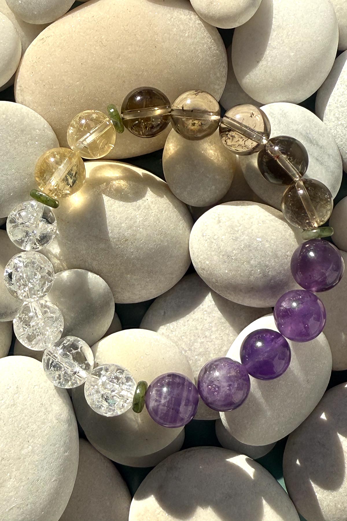 Wara Bracelet In Crystal Quartz, Amethyst, Smokey Quartz & Citrine With Green Jade