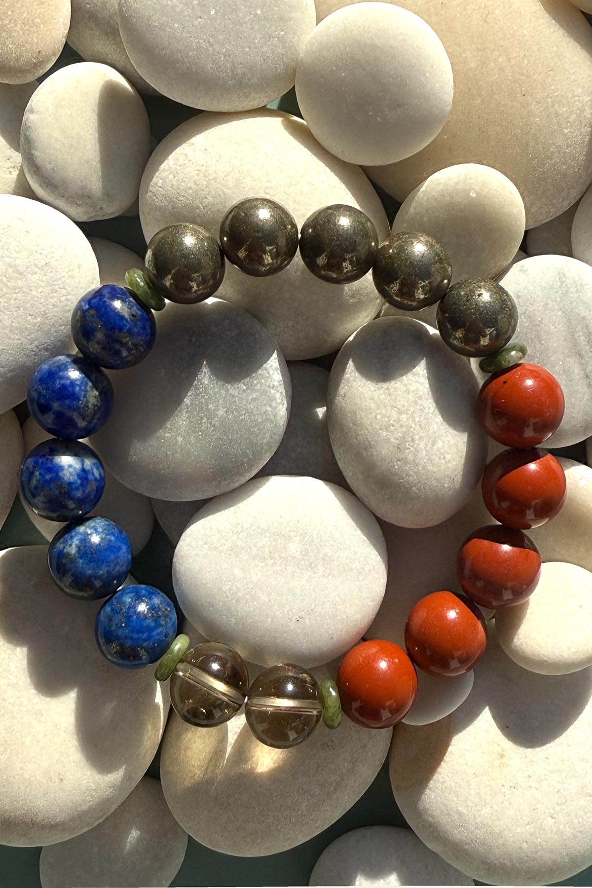 Wara Bracelet In Lapis Lazuli, Pyrite, Red Jasper & Smokey Quartz With Green Jade