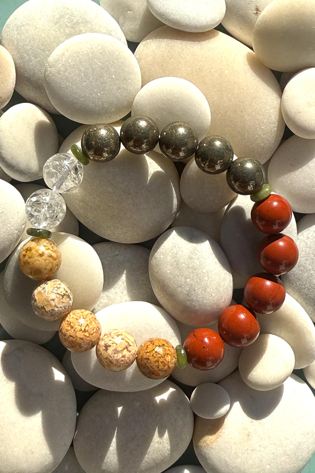 Wara Bracelet In Ocean Agate, Pyrite, Red Jasper & Crystal Quartz With Green Jade