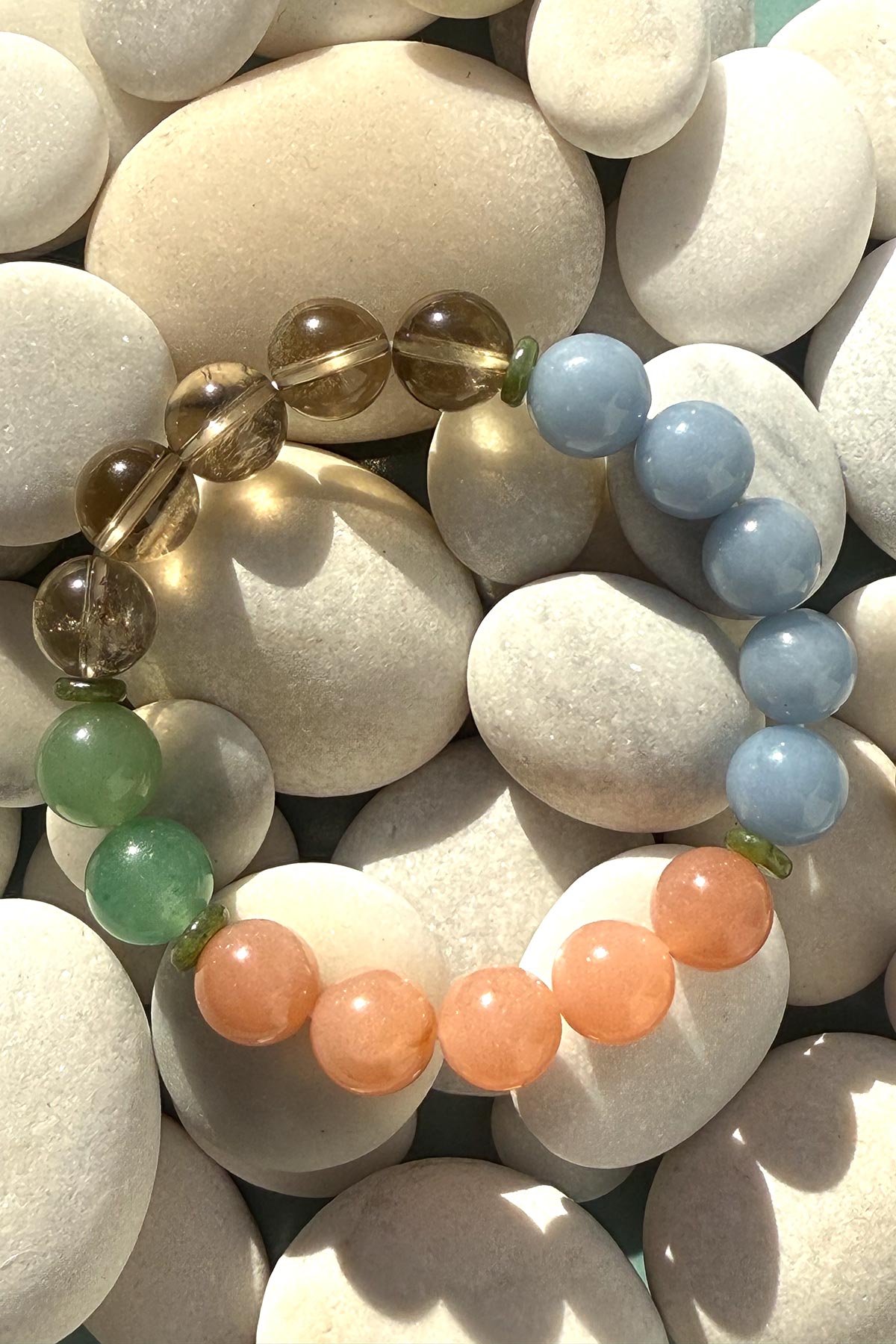 Wara Bracelet In Peach Moonstone, Angelite, Smokey Quartz & Green Aventurine With Green Jade