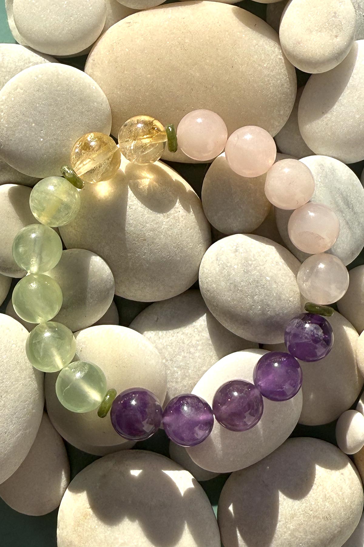 Wara Bracelet In Prehnite, Amethyst, Rose Quartz & Citrine With Green Jade