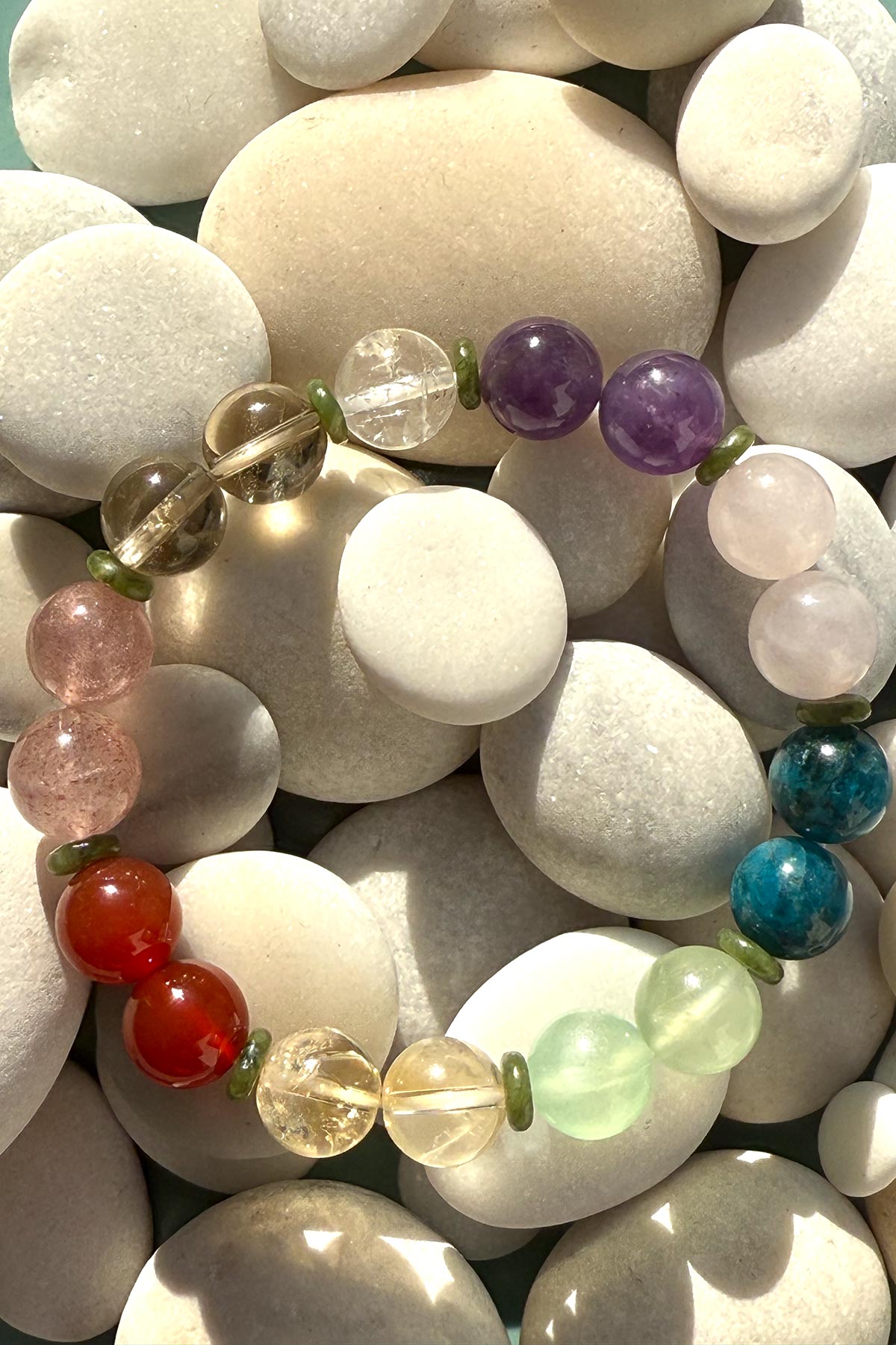 Warmi Chakra Bracelet In Amethyst & Rose Quartz & Apatite & Prehnite & Citrine & Red Carnelian & Strawberry Quartz & Smokey Quartz & Crystal Quartz & Green Jade .jpg