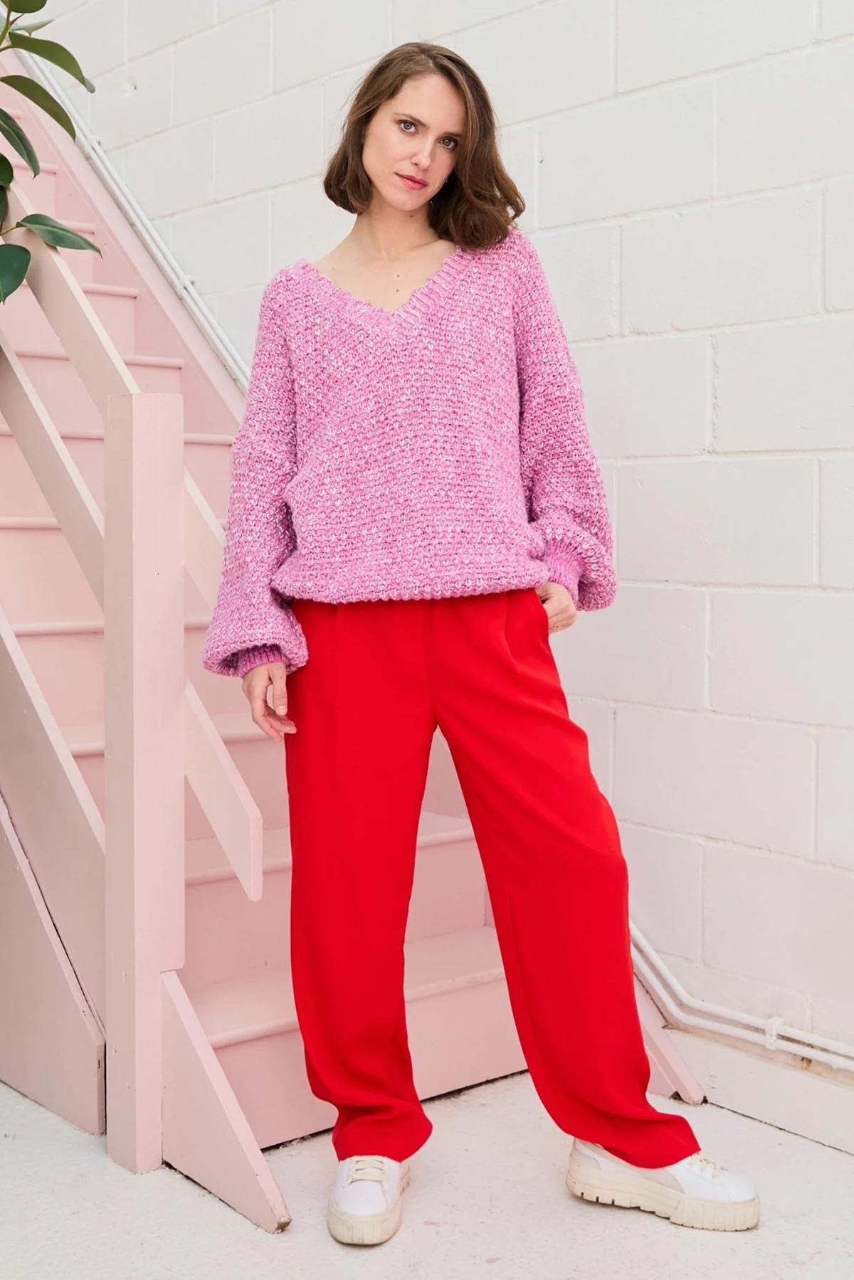 Cara & The Sky Zohar Twist Oversized V Neck Jumper In Pink