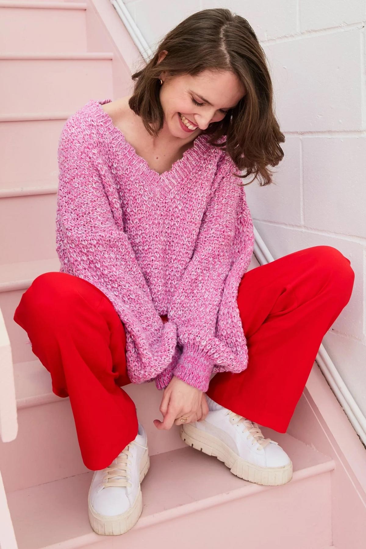 Cara & The Sky Zohar Twist Oversized V Neck Jumper In Pink