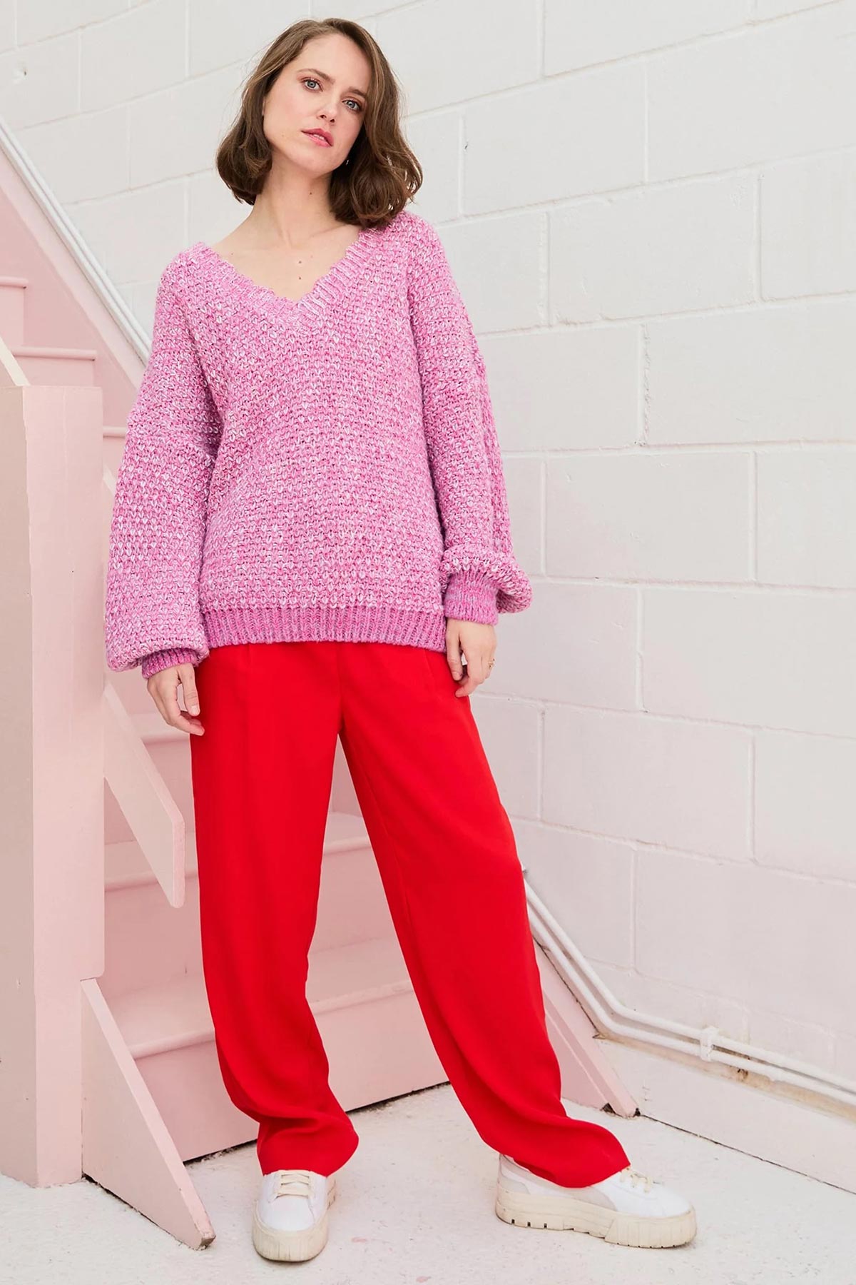 Cara & The Sky Zohar Twist Oversized V Neck Jumper In Pink