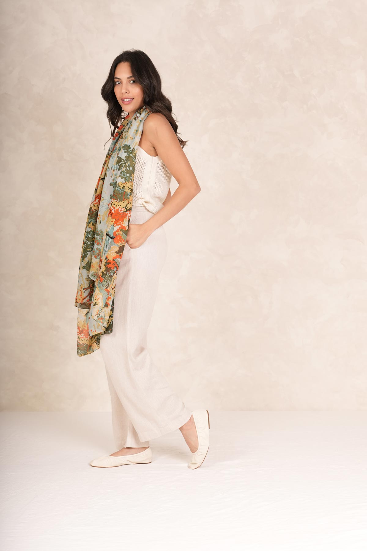Side view china tree print scarf in aqua by One Hundred Stars – available at Urban Wild
