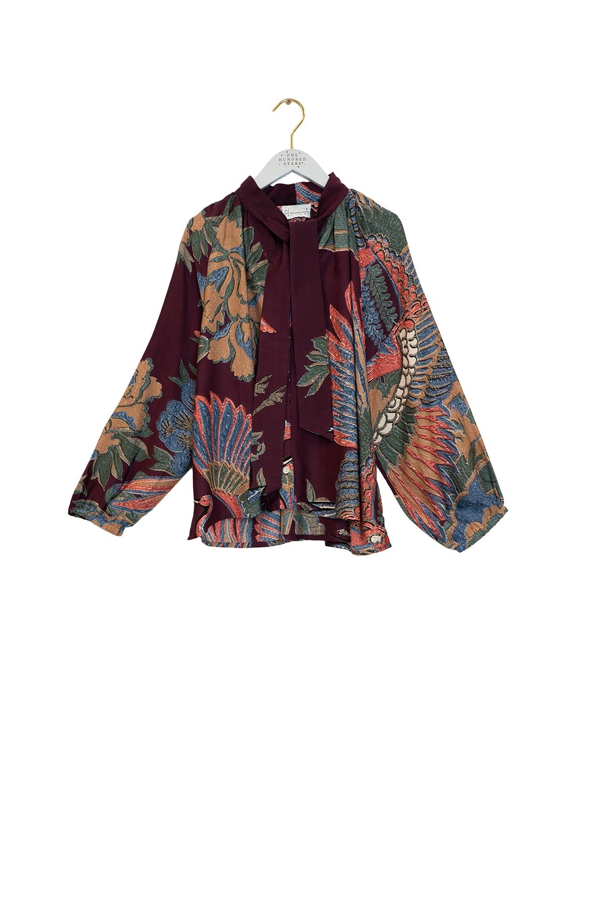 Close-up detail of crane plum print blouse by One Hundred Stars – available at Urban Wild