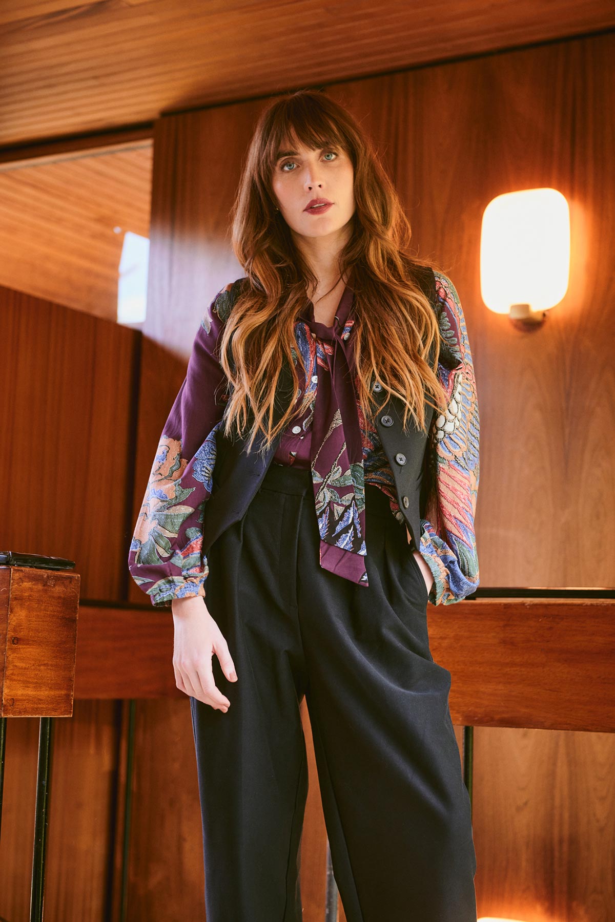 Model wearing crane plum print blouse by One Hundred Stars – available at Urban Wild