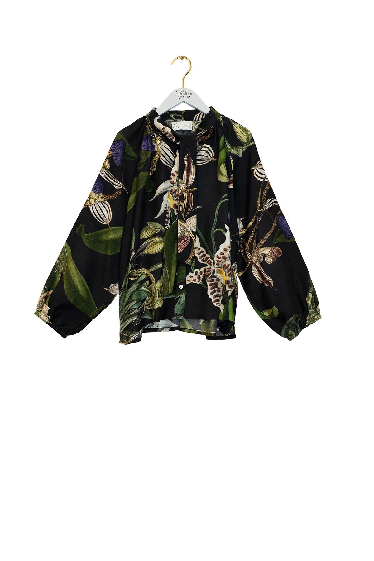 Close-up detail of orchid black print blouse by One Hundred Stars – available at Urban Wild