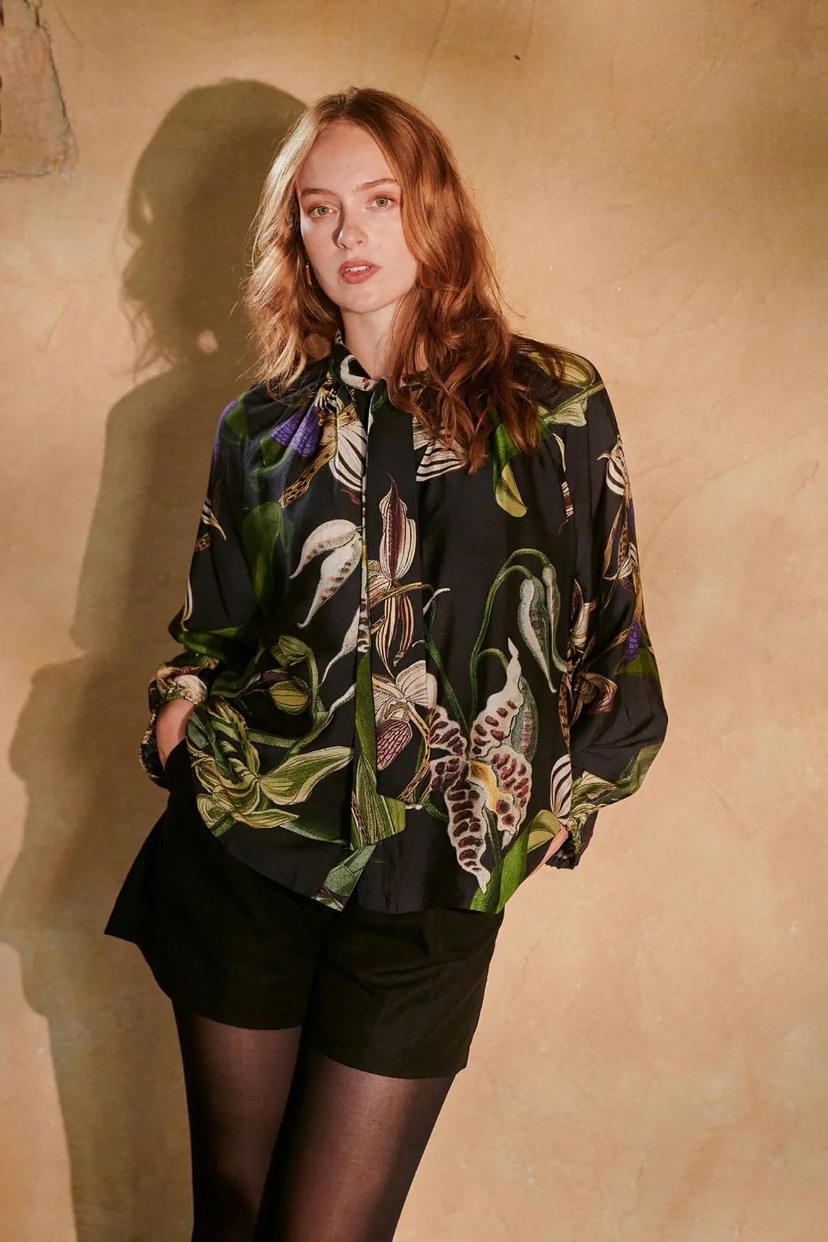 Model wearing orchid black print blouse by One Hundred Stars – available at Urban Wild