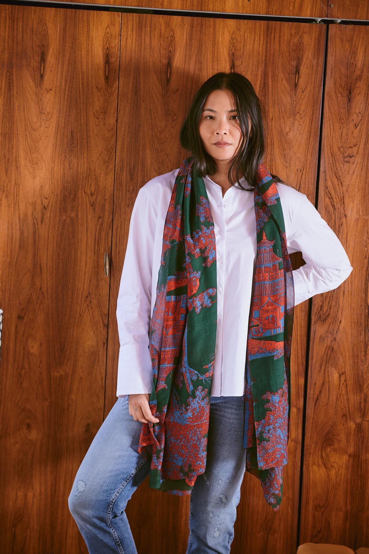 Model wearing pagoda print scarf by One Hundred Stars – available at Urban Wild