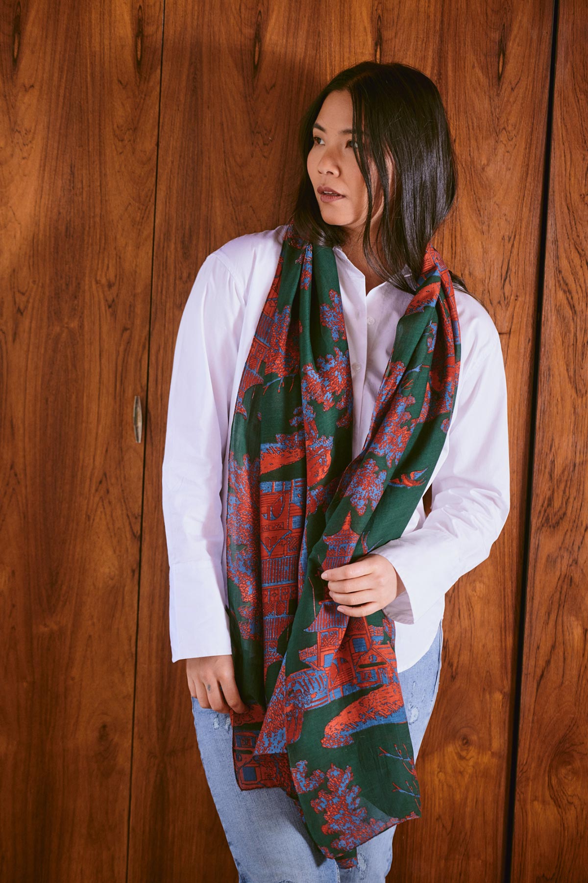 Model looking side wearing pagoda print scarf by One Hundred Stars – available at Urban Wild