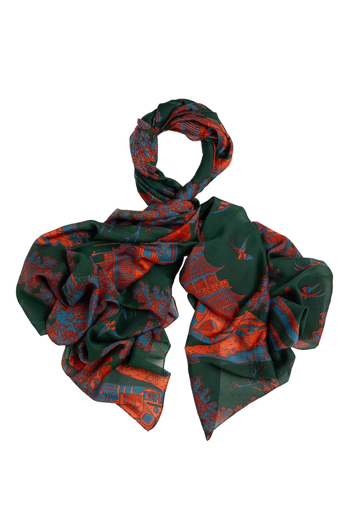 Close-up detail of Pagoda print scarf by One Hundred Stars – available at Urban Wild