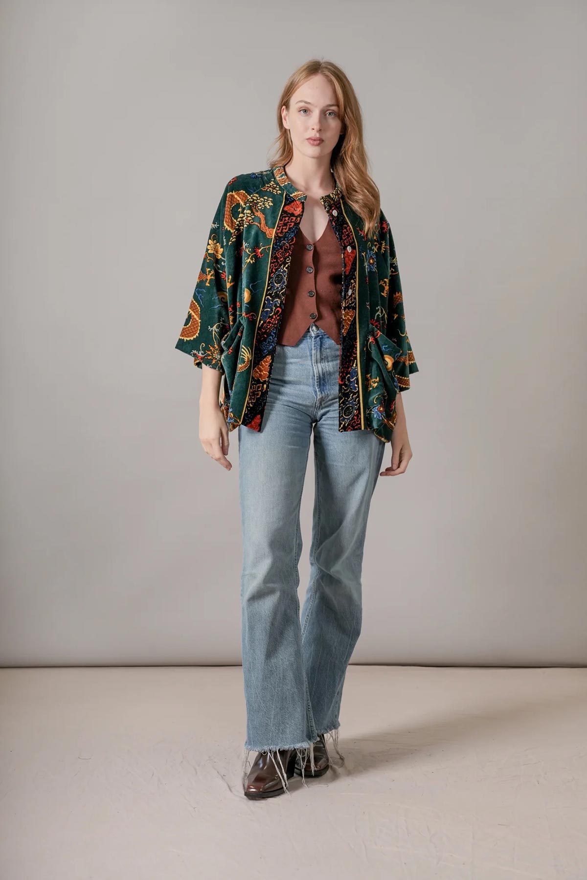 Front view of dragon green print jacket by One Hundred Stars – available at Urban Wild