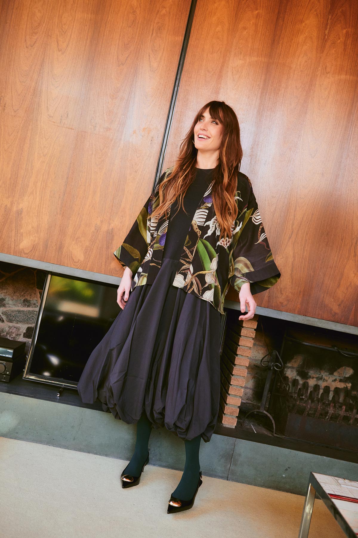 Model smiling wearing orchid black print kimono by One Hundred Stars – available at Urban Wild