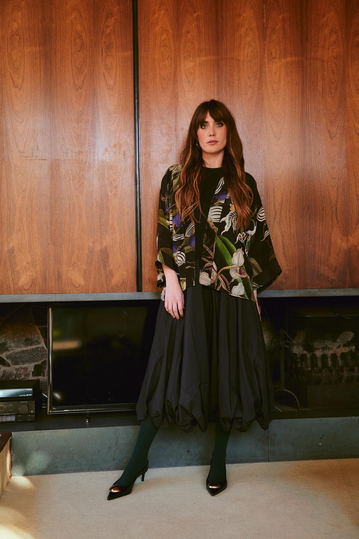 Model relaxed wearing orchid black print kimono by One Hundred Stars – available at Urban Wild